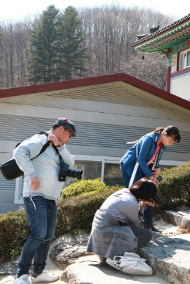 계단에 꽃 찍는 사진