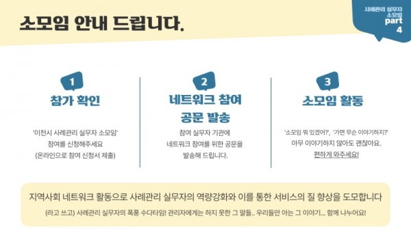 소모임 안내 1번 참가 확인 2번 네트워크 참여 공문 발송 3번 소모임 활동