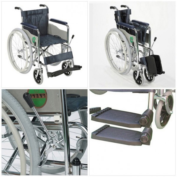 성인용 휠체어 사진(왼쪽 위: 의자가 펼쳐진 상태. 오른쪽 위: 의자가 접힌 상태. 왼쪽 아래: 의자의 오른쪽 바퀴 및 브레이크 부분. 오른쪽 아래: 휠체어의 발받이 부분.) 