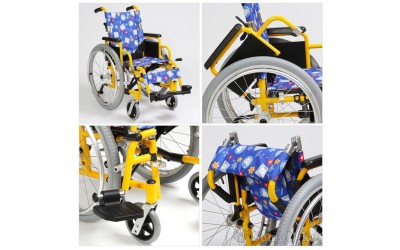 아동용 휠체어 사진(왼쪽 위: 펼쳐진 휠체어 사진. 오른쪽 위: 뒤로 젖힌 팔걸이 부분. 왼쪽 아래: 휠체어의 발받이 부분. 오른쪽 아래: 손잡이가 아래로 내려간 모습.)