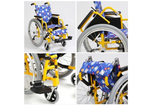 아동용 휠체어 사진(왼쪽 위: 펼쳐진 휠체어 사진. 오른쪽 위: 뒤로 젖힌 팔걸이 부분. 왼쪽 아래: 휠체어의 발받이 부분. 오른쪽 아래: 손잡이가 아래로 내려간 모습.)